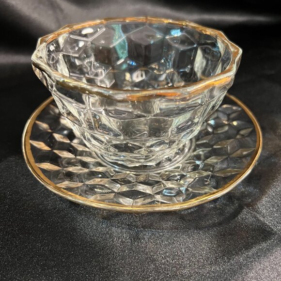 VTG Jeannette Glass Cube Cubist Pattern Mayonnaise Bowl and Underplate Gold Rim - Picture 12 of 13